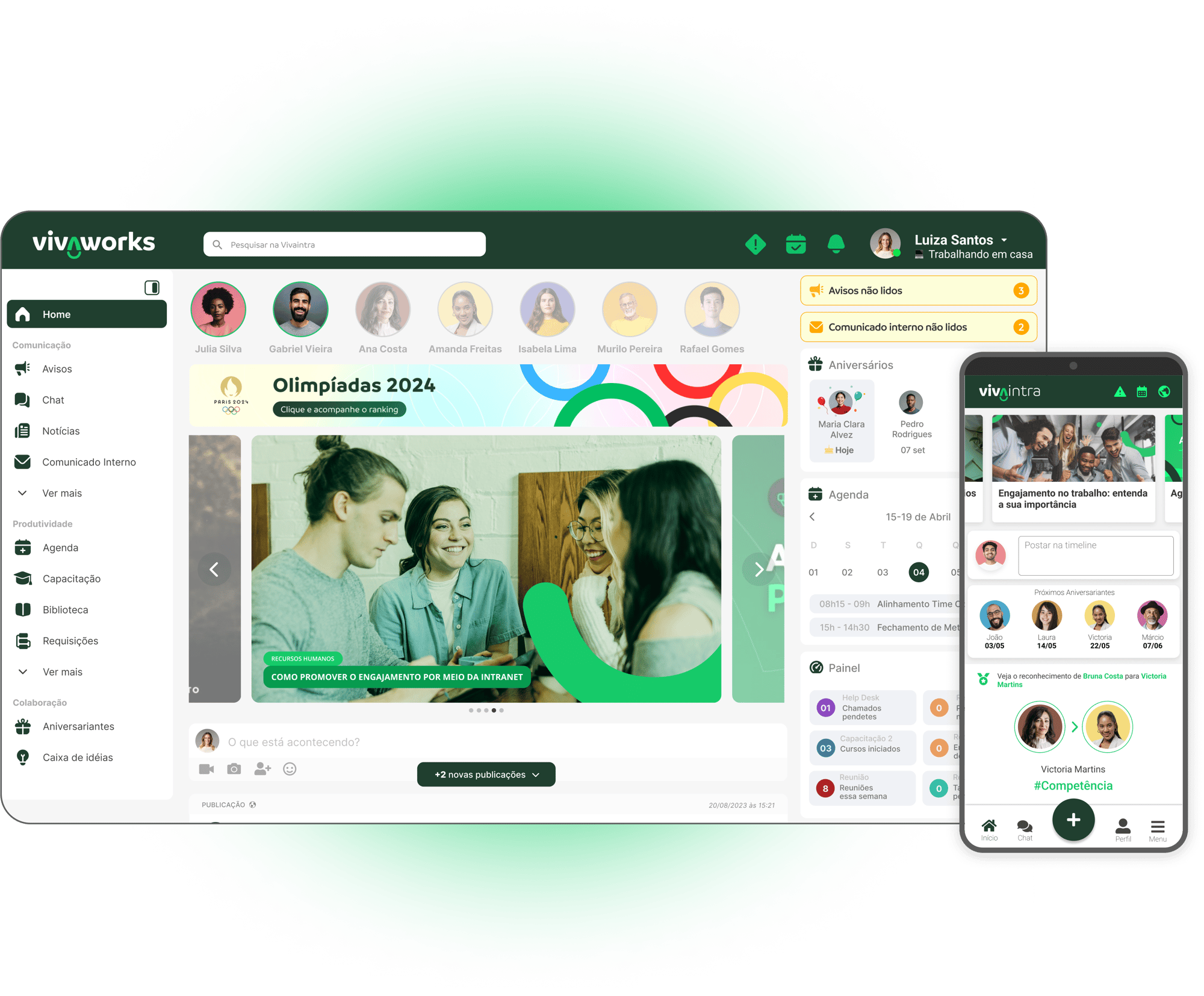 Interface da plataforma de comunicação interna exibida em um notebook e smartphone, mostrando colaboradores engajados e notificações em tempo real.