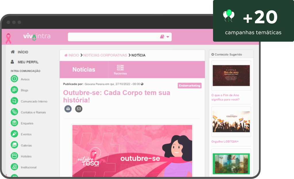Banner ilustrativo de uma campanha de endomarketing digital enviada via plataforma, com notificações de reconhecimento e premiação para funcionários.