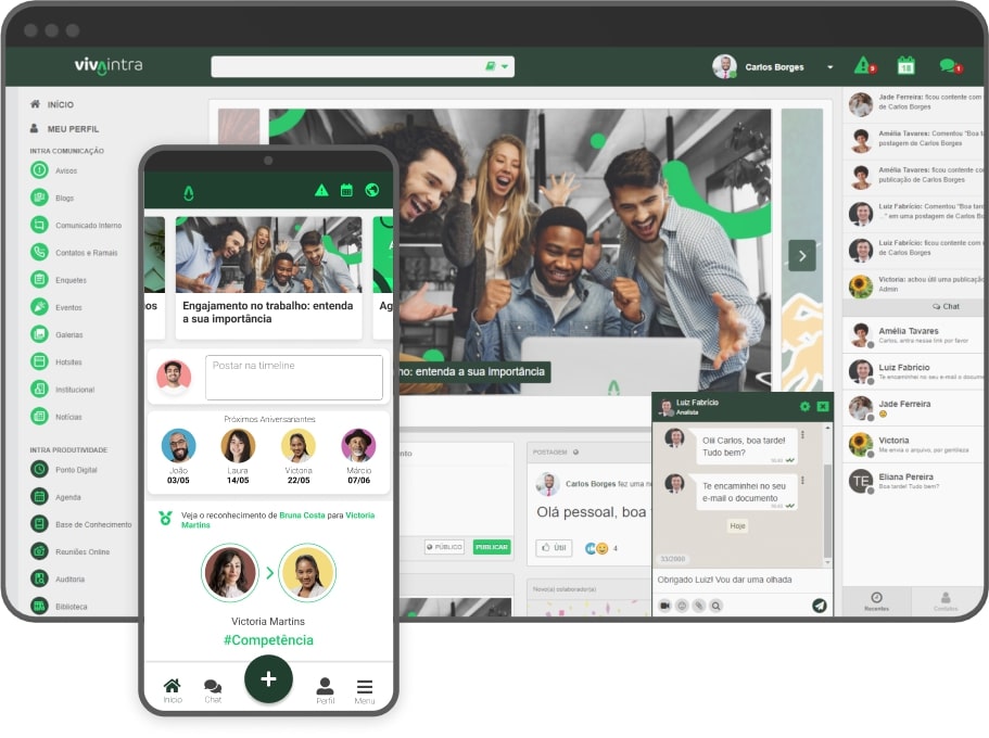 Captura de tela detalhando recursos da plataforma como mural digital, diretório de pessoas e chat corporativo seguro.